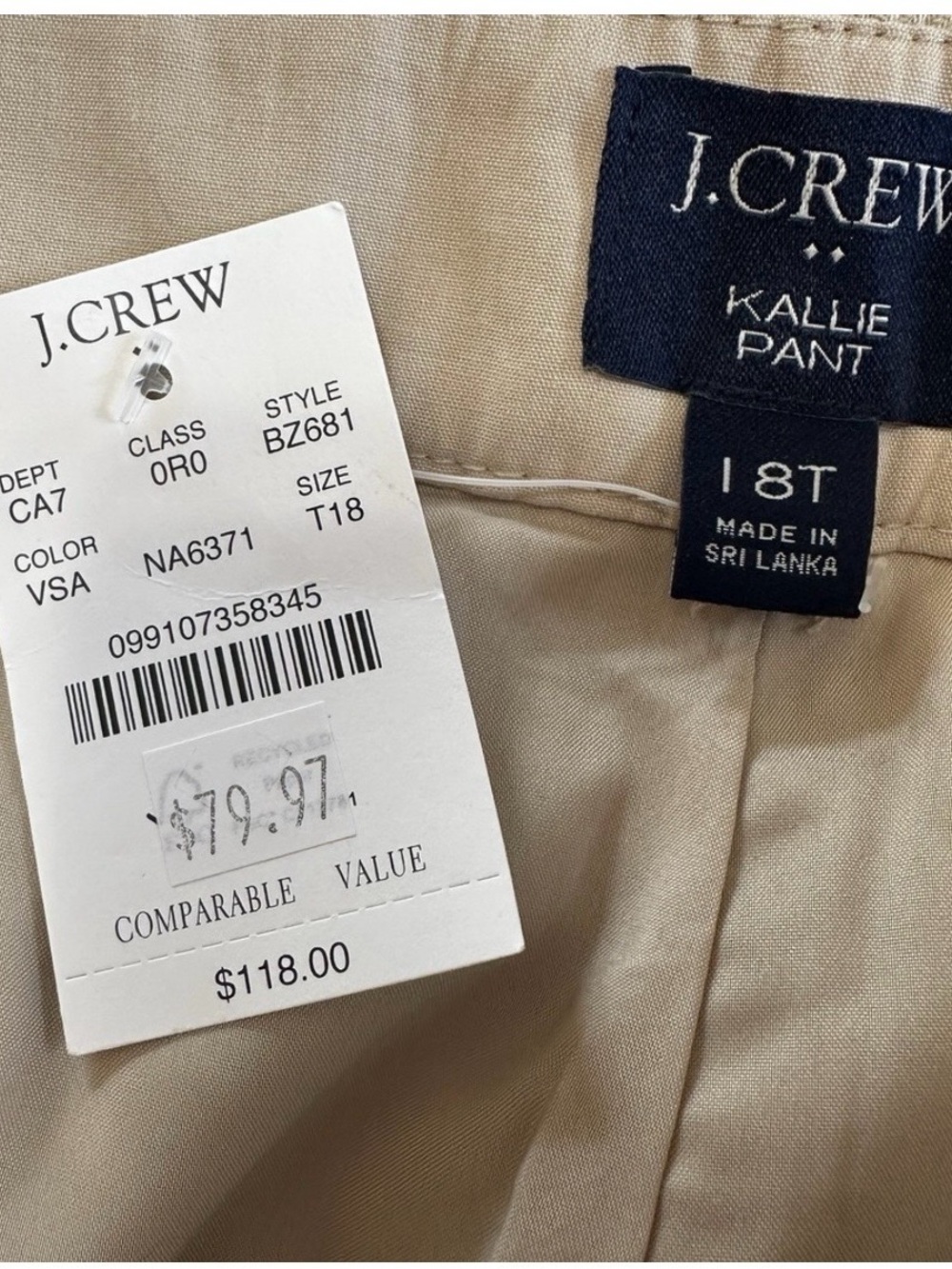 NEW J.CREW Kallie Pants Womens 18Tall Beige Linen Blend Straight‎ Leg BZ681